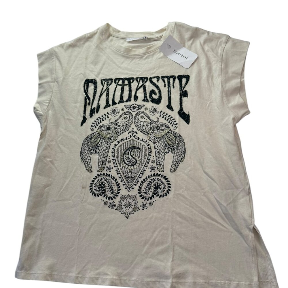 New NWT Terranova T Shirt Size Women's Small.  Ivory Cream.  NAMASTE Yoga